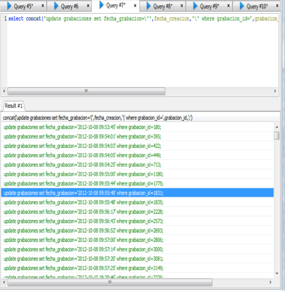 resultados mostrados en la query