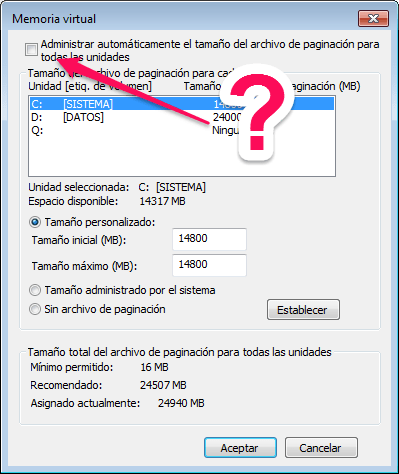 Administrar automaticamente el tamaño del archivo de paginación para todas las unidades